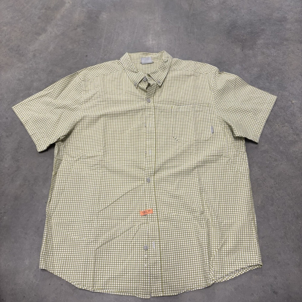 Columbia Shirt Mens Extra Large Yellow White Shirt Sleeve Button Up Fish Boat A1